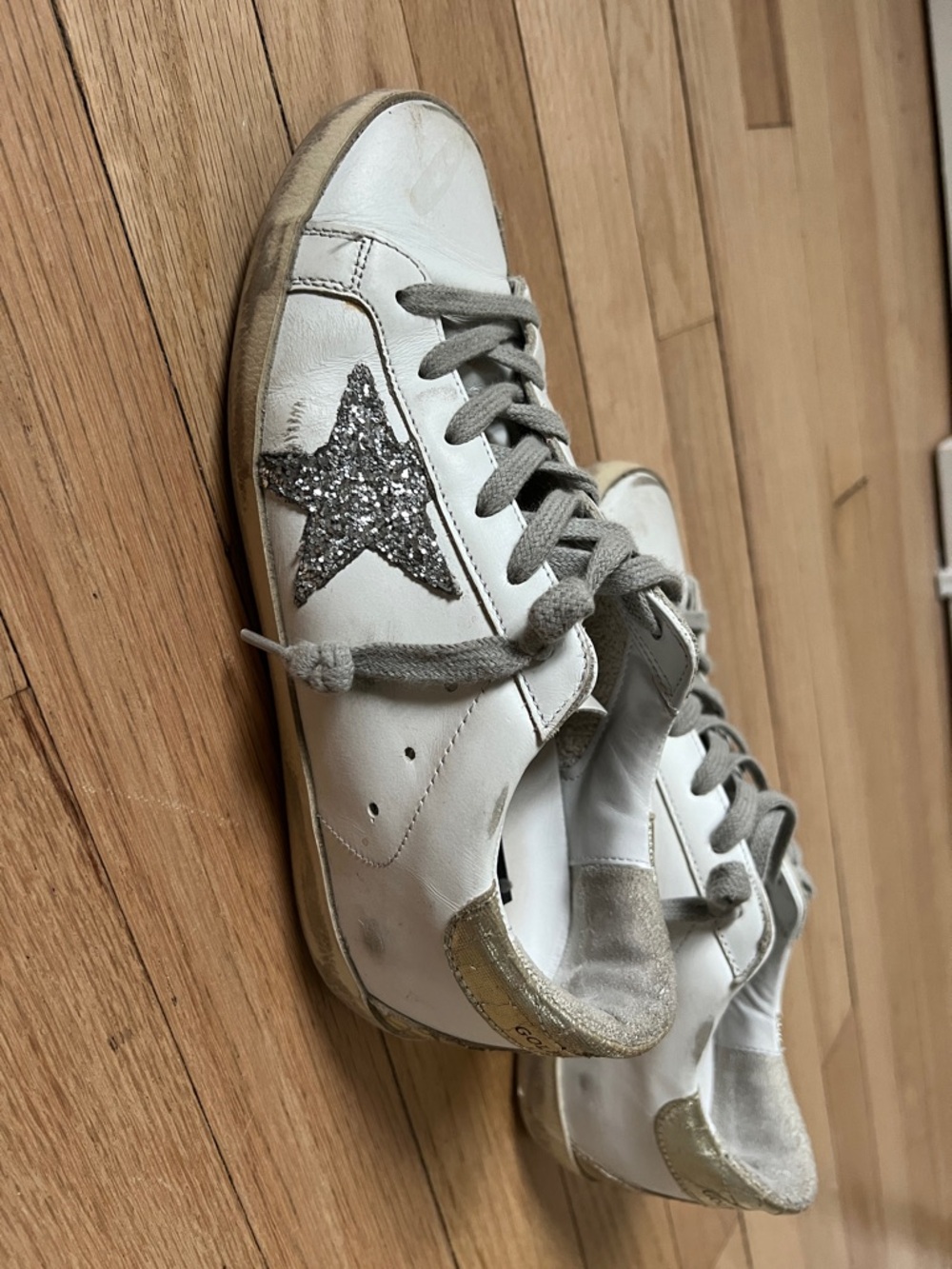 Golden Goose White Leather Sneakers with Silver Glitter Star and Gold Heel - Picture 2 of 5